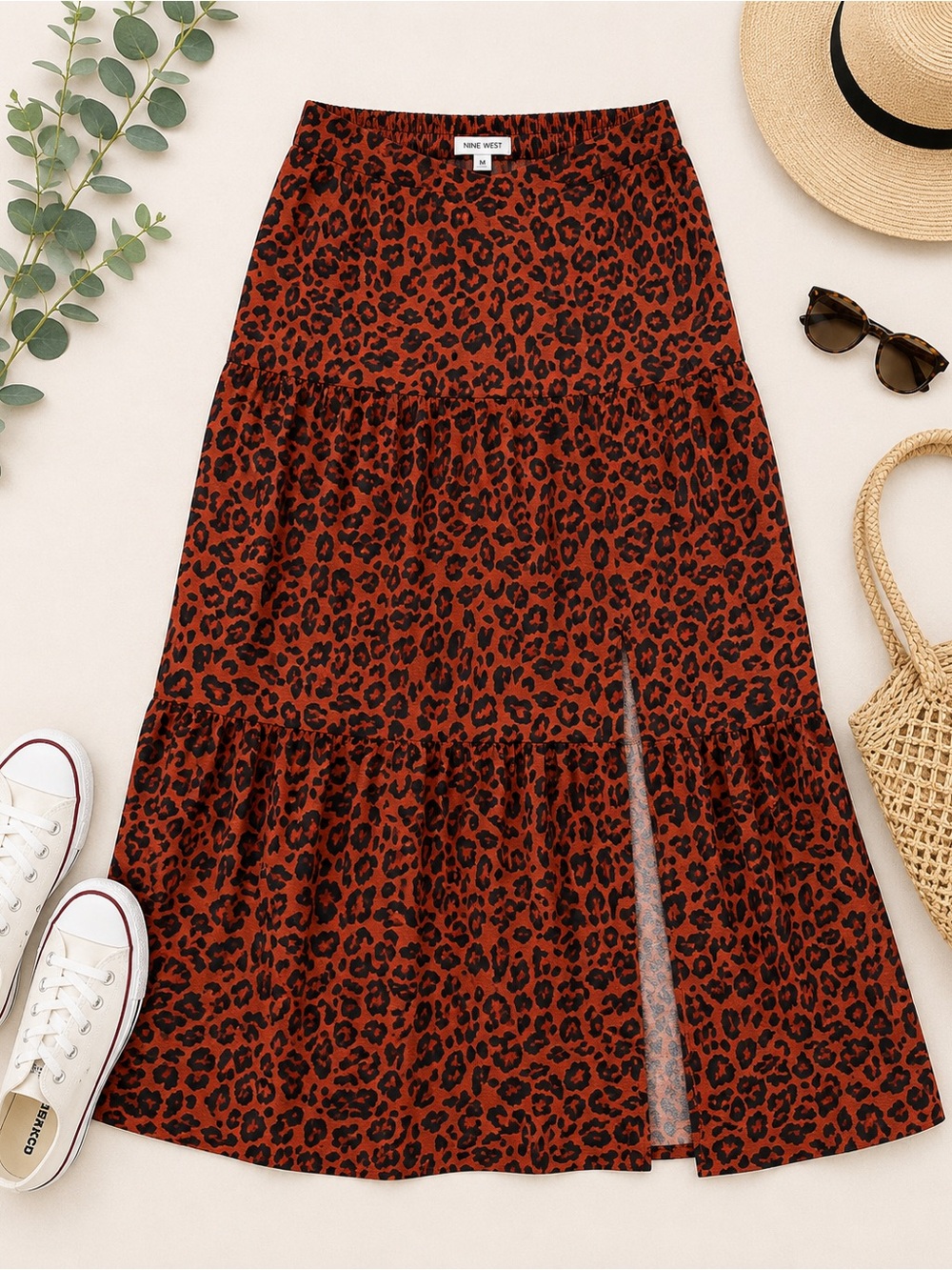 Nine West Leopard Print Tiered Maxi Skirt Rust Black M